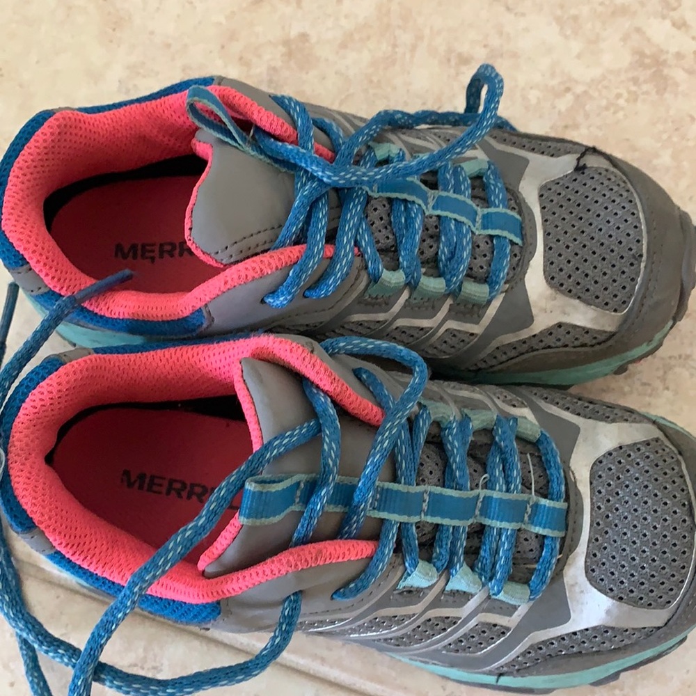 Aqua, gray, blue and pink girl’s Merrell shoes